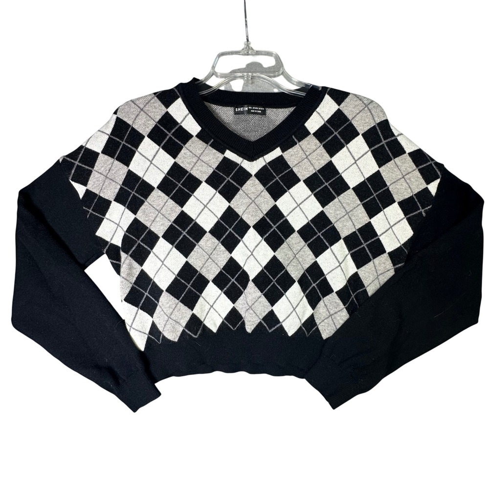SHEIN Argyle V-Neck Cropped Sweater Preppy Academic Large Black White‎ Grey